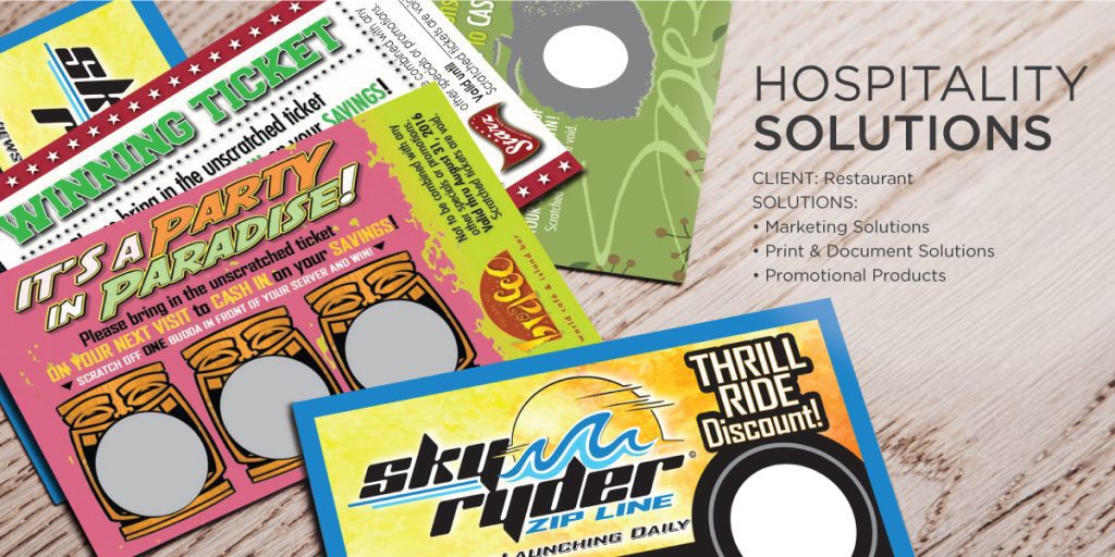 Colorful scratch-off cards promoting restaurant and hospitality solutions, including Scratch Off Rewards, marketing, print, and promotional products. Text highlights 