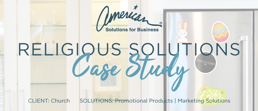 A promotional image for American Solutions for Business featuring a case study on religious solutions. Text includes: 