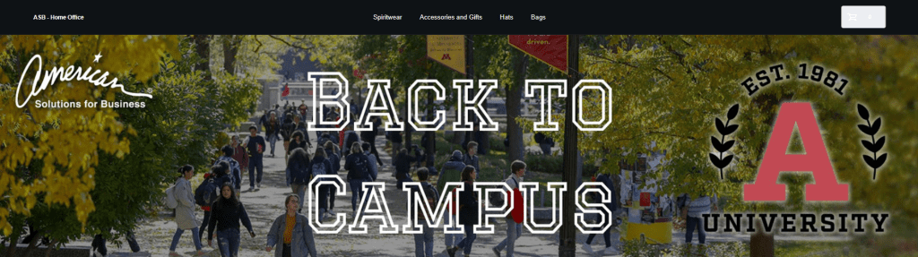 A vibrant college campus scene with students walking along a tree-lined pathway. 