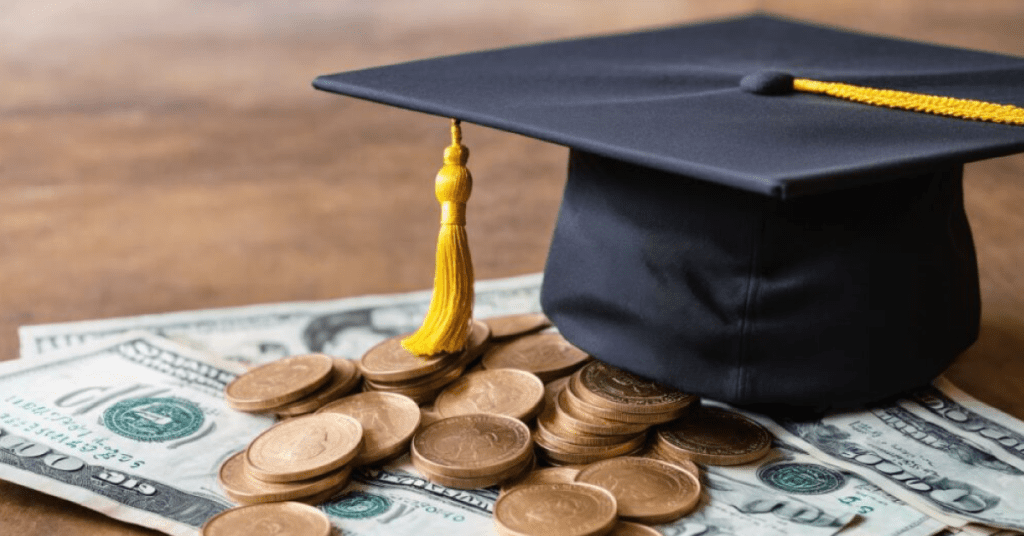 A graduation cap with a yellow tassel rests on top of a pile of coins and scattered U.S. dollar bills, embodying the financial journey through colleges and universities, all set on a wooden surface.