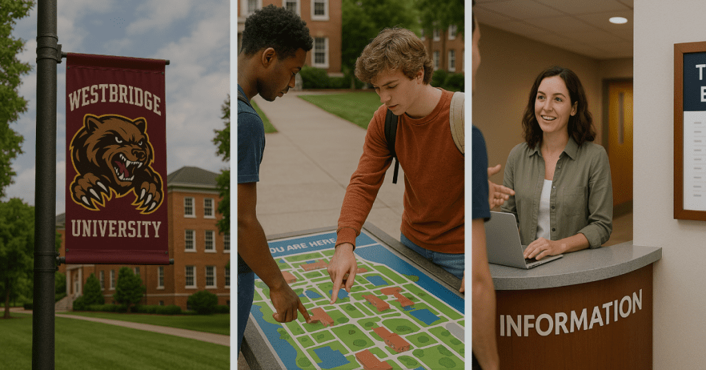 A split image: a Westbridge University banner making a statement, two students examining campus signage solutions outdoors, and a smiling woman at an information desk inside a building.