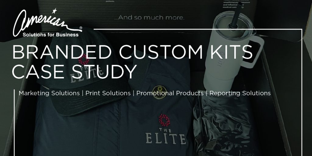 Open box displaying branded merchandise, including a black hat, jacket, tumbler, and notebook labeled “THE ELITE.” Text overlays promote American Solutions for Business and showcase branded custom kits as a featured case study.