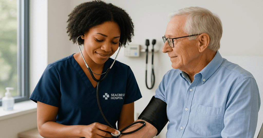 A nurse in navy scrubs checks the blood pressure of an older man in a light blue shirt at a medical clinic. Both are smiling, reflecting the importance of strong Healthcare Partnerships in delivering excellent patient care. Medical equipment is visible in the background.